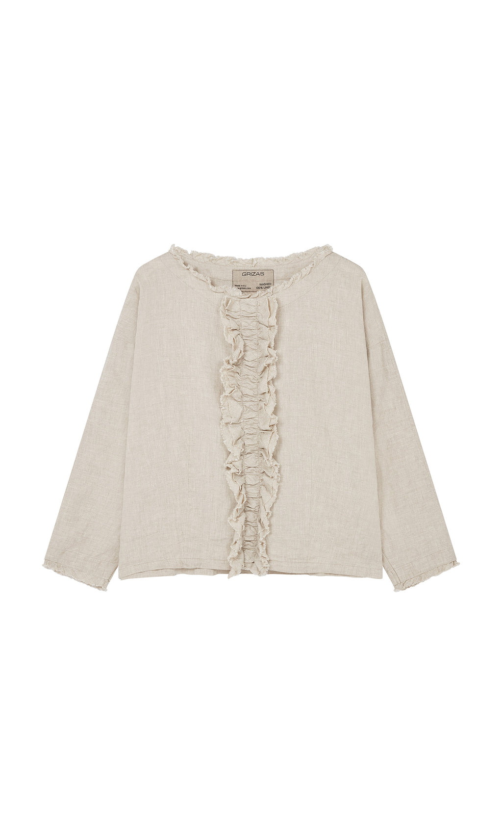 Plümo  Ella Ruffle Top: Beige linen, long sleeves, ruffle trim, relaxed fit, round neckline.