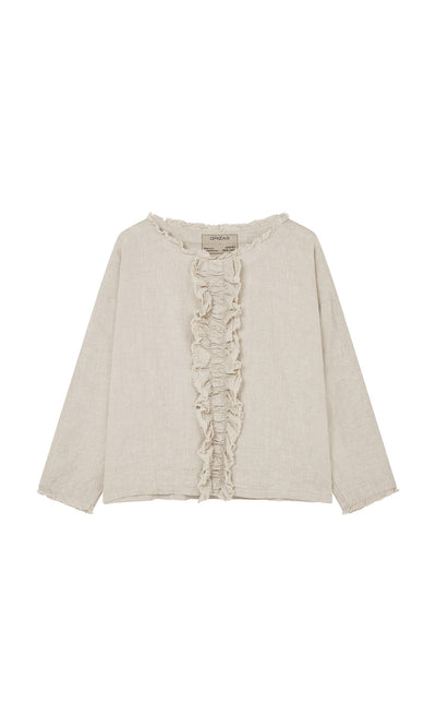 Plümo  Ella Ruffle Top: Beige linen, long sleeves, ruffle trim, relaxed fit, round neckline.