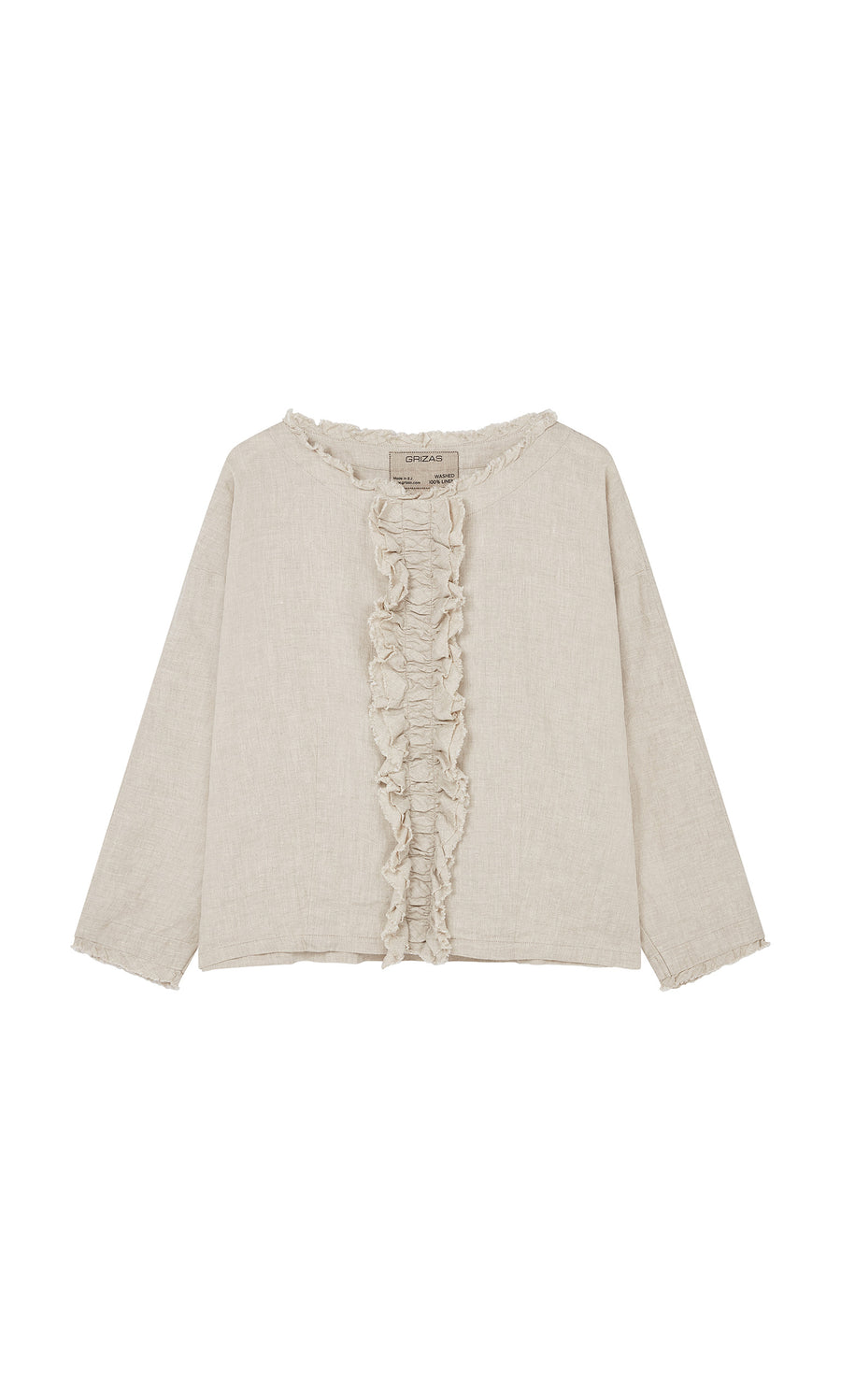 Plümo  Ella Ruffle Top: Beige linen, long sleeves, ruffle trim, relaxed fit, round neckline.