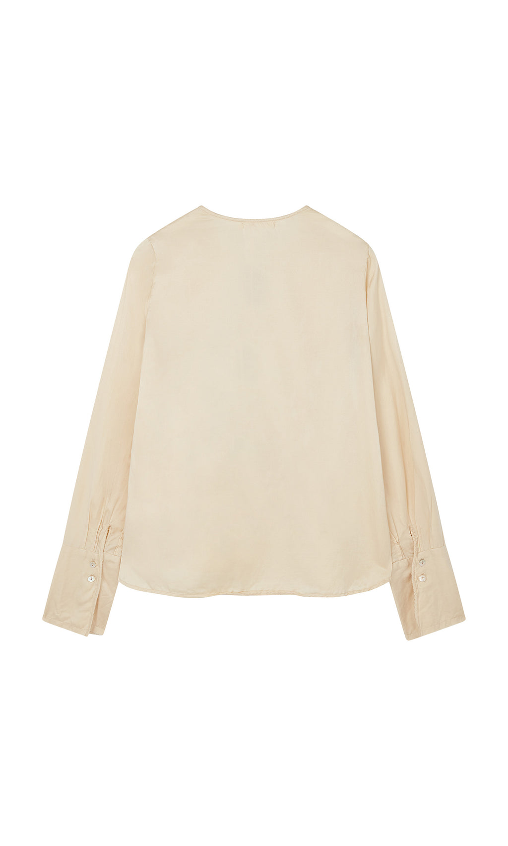 Plümo  Silk Shirt in cream, back view; British-inspired with buttoned cuffs and soft, lightweight fabric.