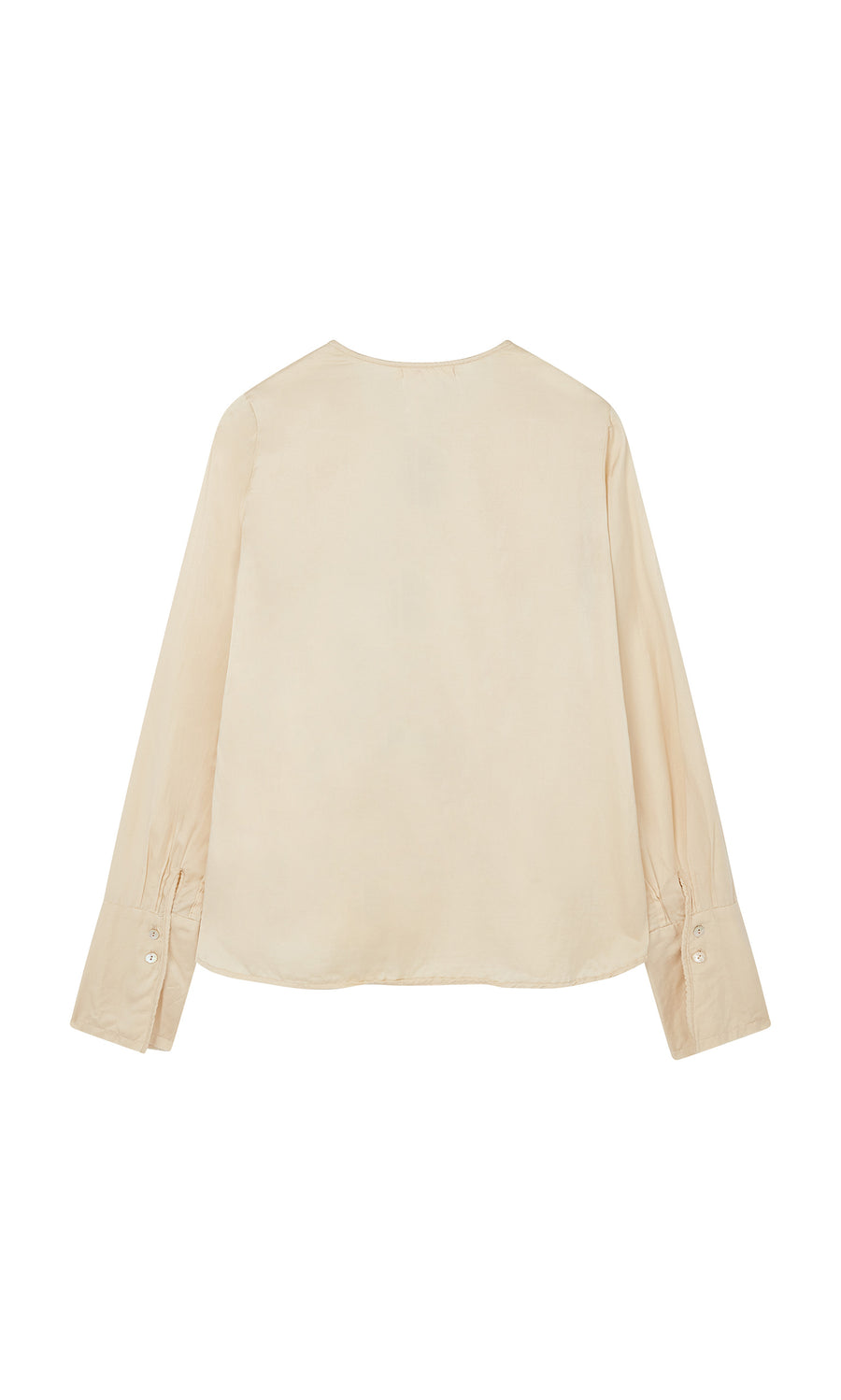 Plümo  Silk Shirt in cream, back view; British-inspired with buttoned cuffs and soft, lightweight fabric.