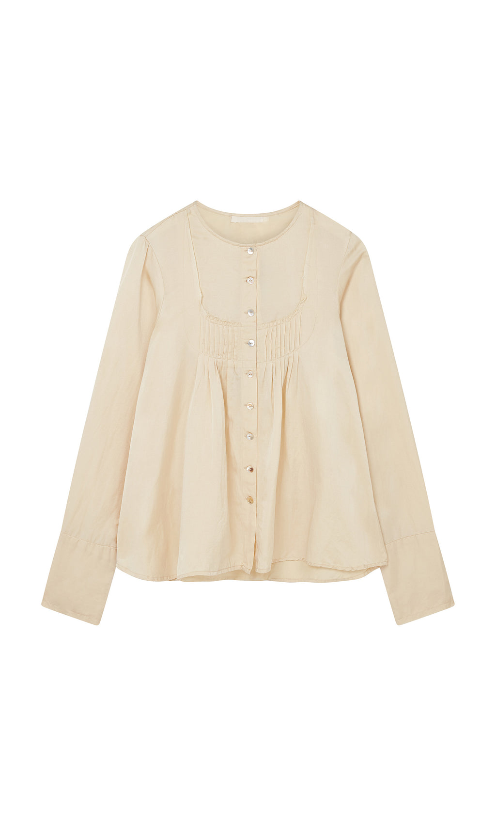 Plümo  Silk Shirt: Beige, long-sleeve, vintage style with buttons and gathered chest, shown flat on a white background.