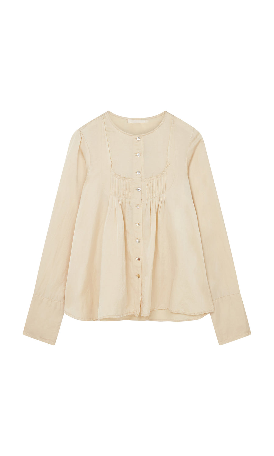 Plümo  Silk Shirt: Beige, long-sleeve, vintage style with buttons and gathered chest, shown flat on a white background.