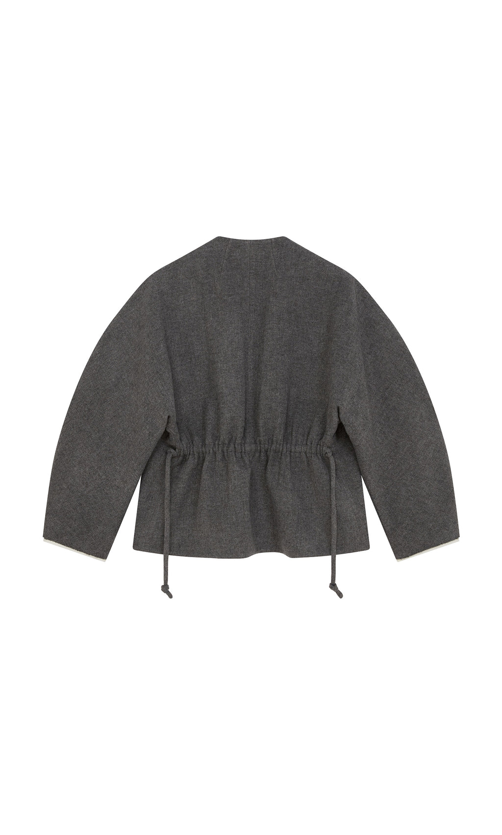 Plümo  Rostock Jacket in grey wool with peplum hem and cinched waist, shown flat from the back on white background.