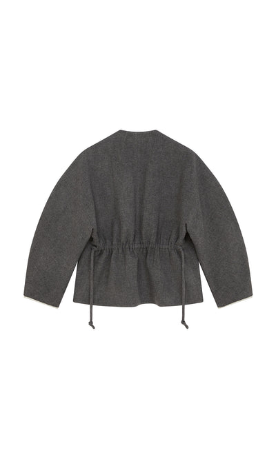 Plümo  Rostock Jacket in grey wool with peplum hem and cinched waist, shown flat from the back on white background.