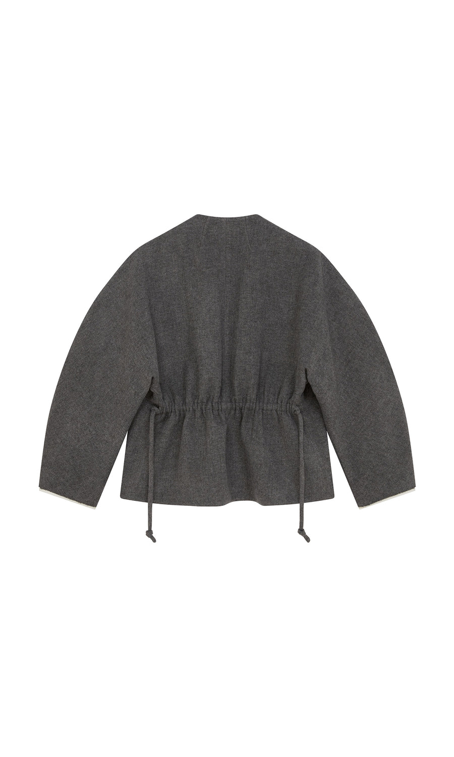 Plümo  Rostock Jacket in grey wool with peplum hem and cinched waist, shown flat from the back on white background.