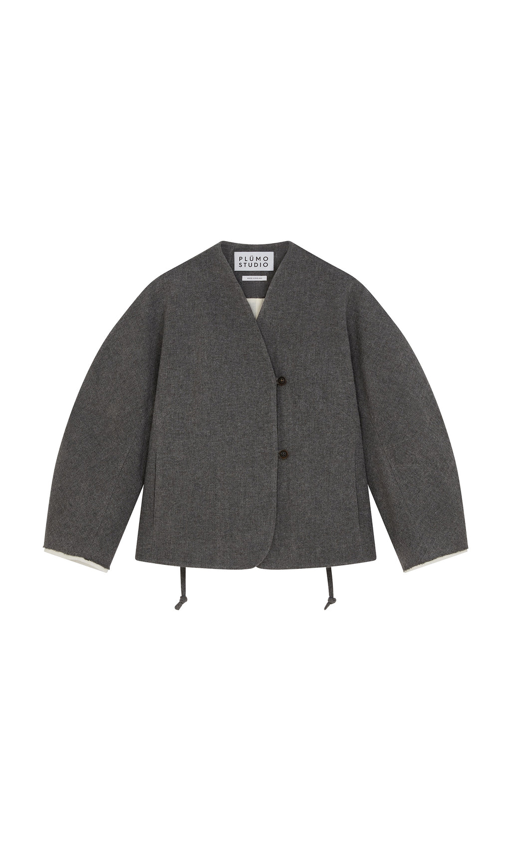 Plümo  Gray Rostock Jacket by Plümo Studio; collarless, wool, wide sleeves, peplum hem. Shown on a white background.