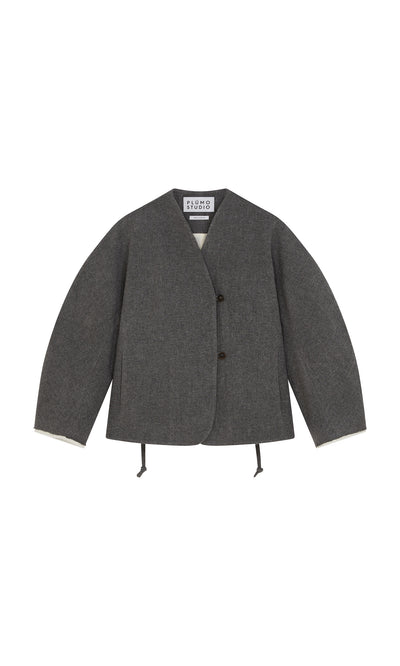 Plümo  Gray Rostock Jacket by Plümo Studio; collarless, wool, wide sleeves, peplum hem. Shown on a white background.