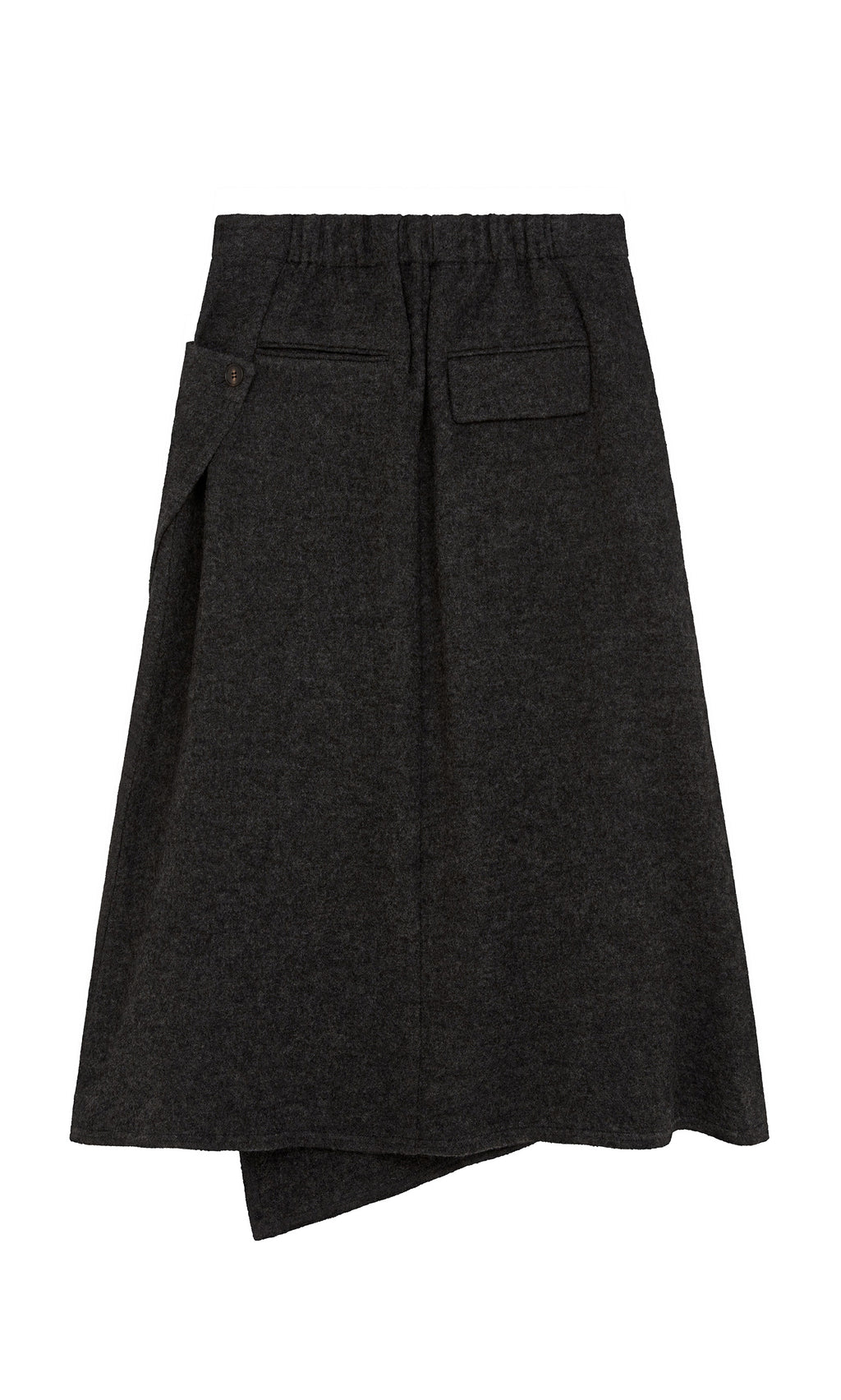 Plümo  Eardley Skirt: dark grey wool midi with front flap pocket, elastic waistband, asymmetric hem.