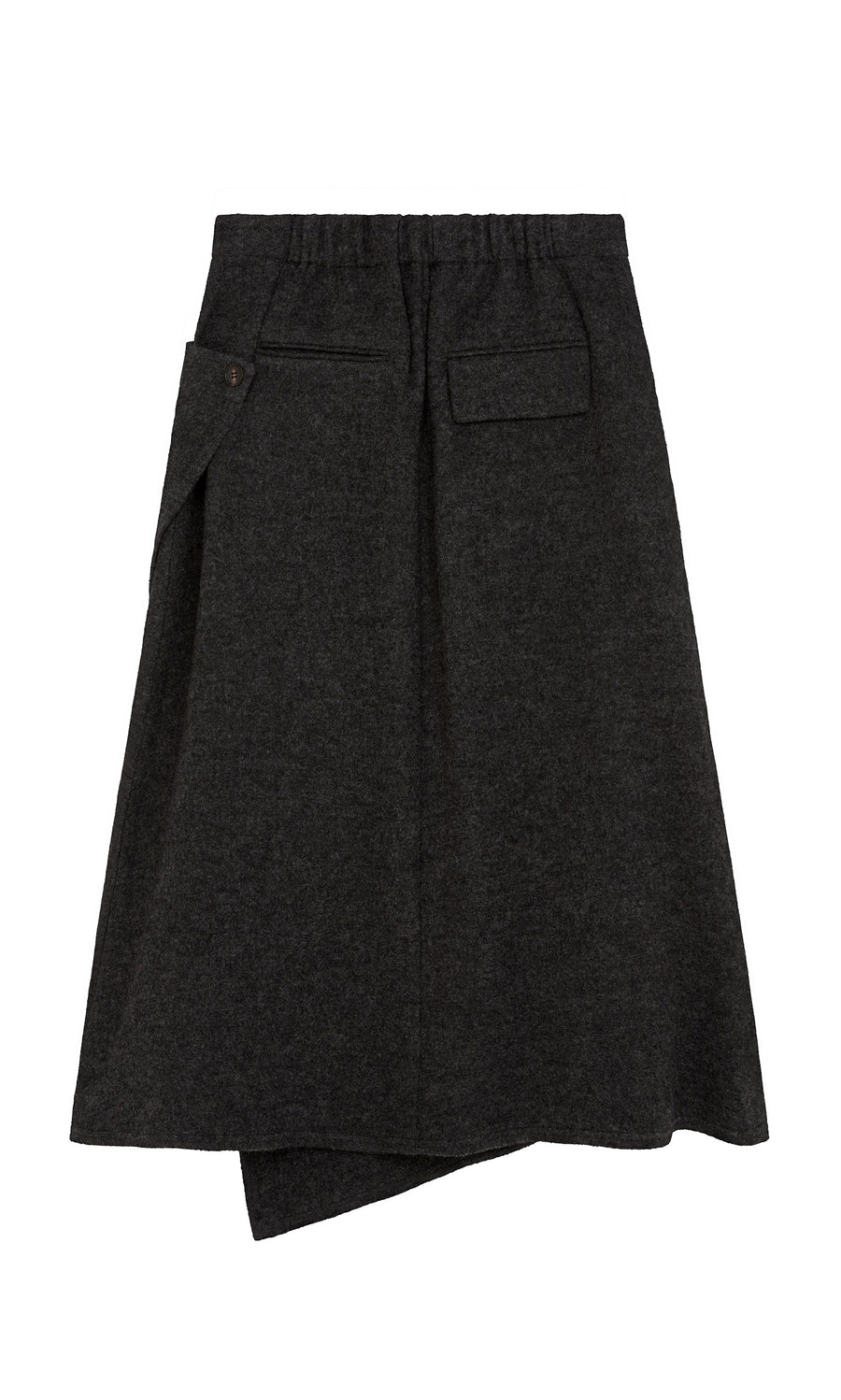 Plümo  Eardley Skirt: dark grey wool midi with front flap pocket, elastic waistband, asymmetric hem.