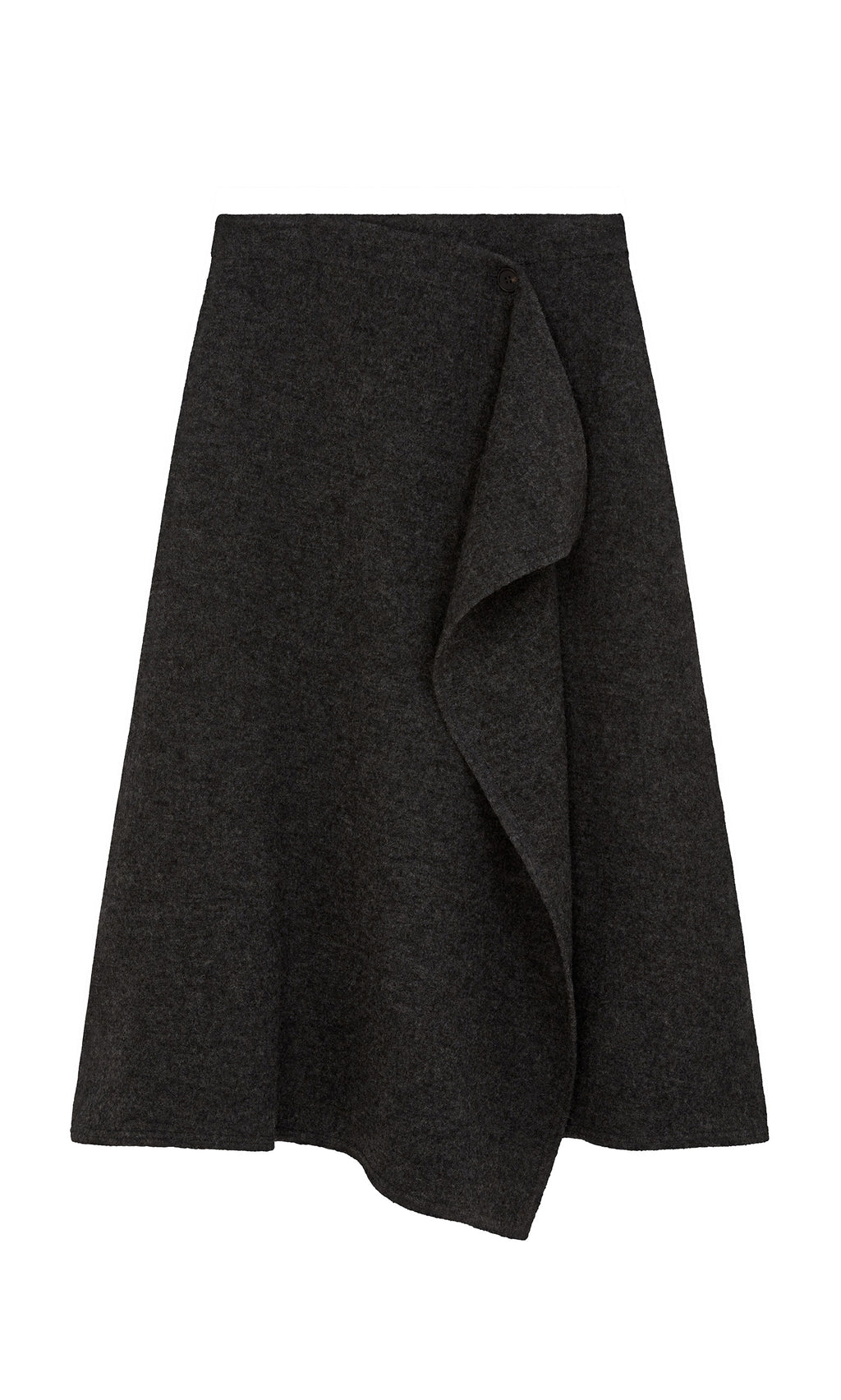 Plümo  Eardley Skirt: Dark gray, midi-length with front ruffle detail, asymmetric hem; shown on white background.