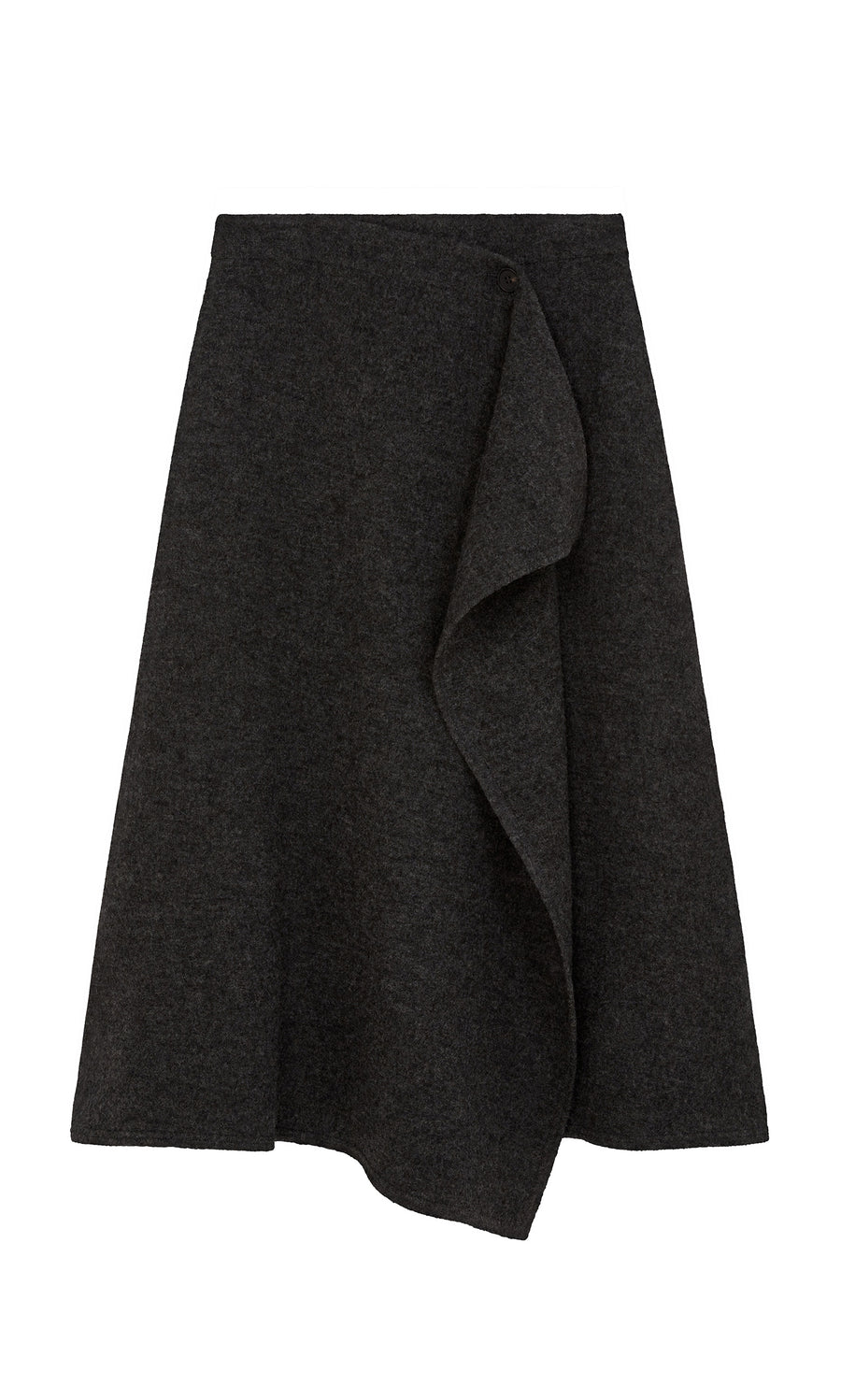 Plümo  Eardley Skirt: Dark gray, midi-length with front ruffle detail, asymmetric hem; shown on white background.