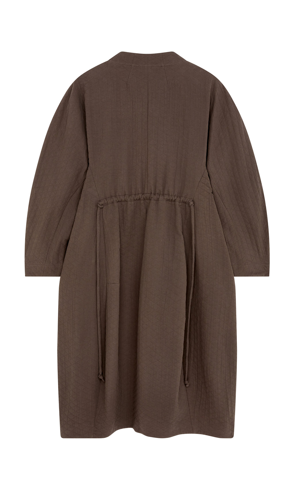Plümo  Grenyer Dress: brown, long-sleeved midi with a back view and cinched waist featuring adjustable drawstrings.