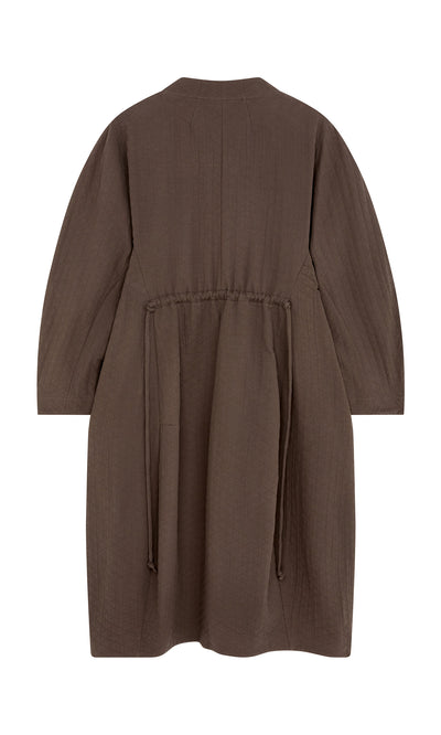 Plümo  Grenyer Dress: brown, long-sleeved midi with a back view and cinched waist featuring adjustable drawstrings.