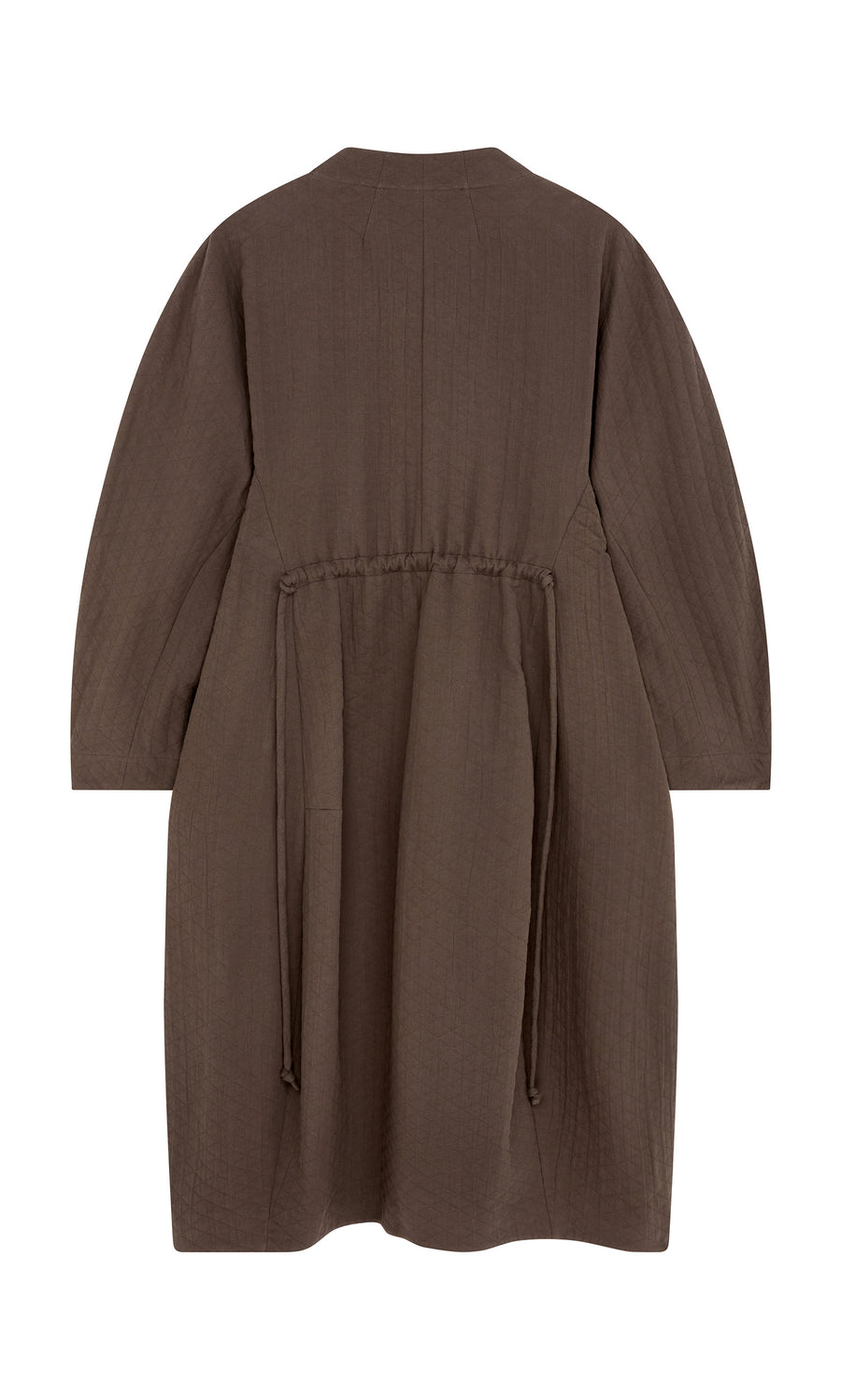 Plümo  Grenyer Dress: brown, long-sleeved midi with a back view and cinched waist featuring adjustable drawstrings.