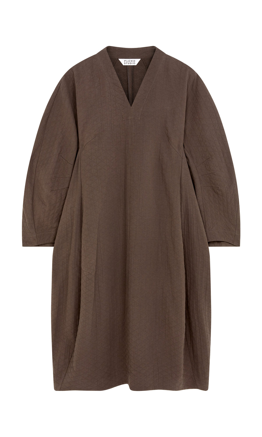 Plümo  Loose-fitting, long-sleeve Grenyer Dress in brown quilted fabric with V-neck and relaxed silhouette by Plümo Studio.