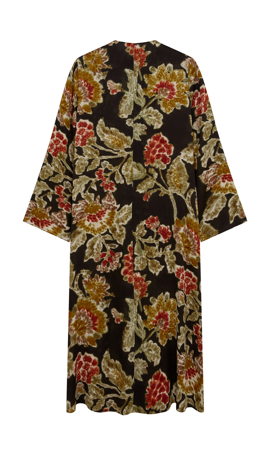Plümo  Brunn Dress: Black Plümo Studio midi with red, green  gold floral print, long sleeves; back view shown.