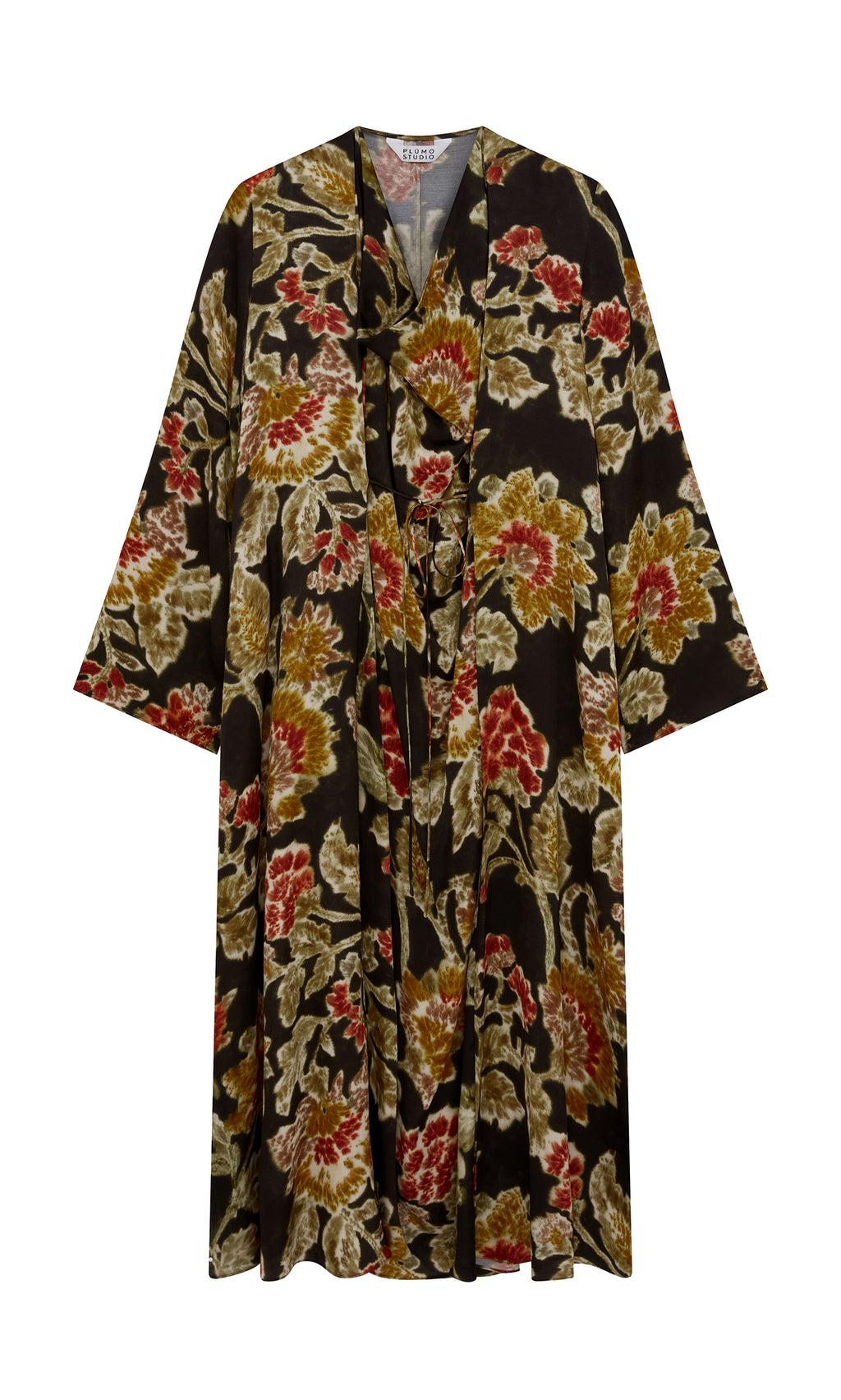 Plümo  The Brunn Dress by Plümo Studio is a flowing kimono robe with wide sleeves and a red, gold, and green floral print.