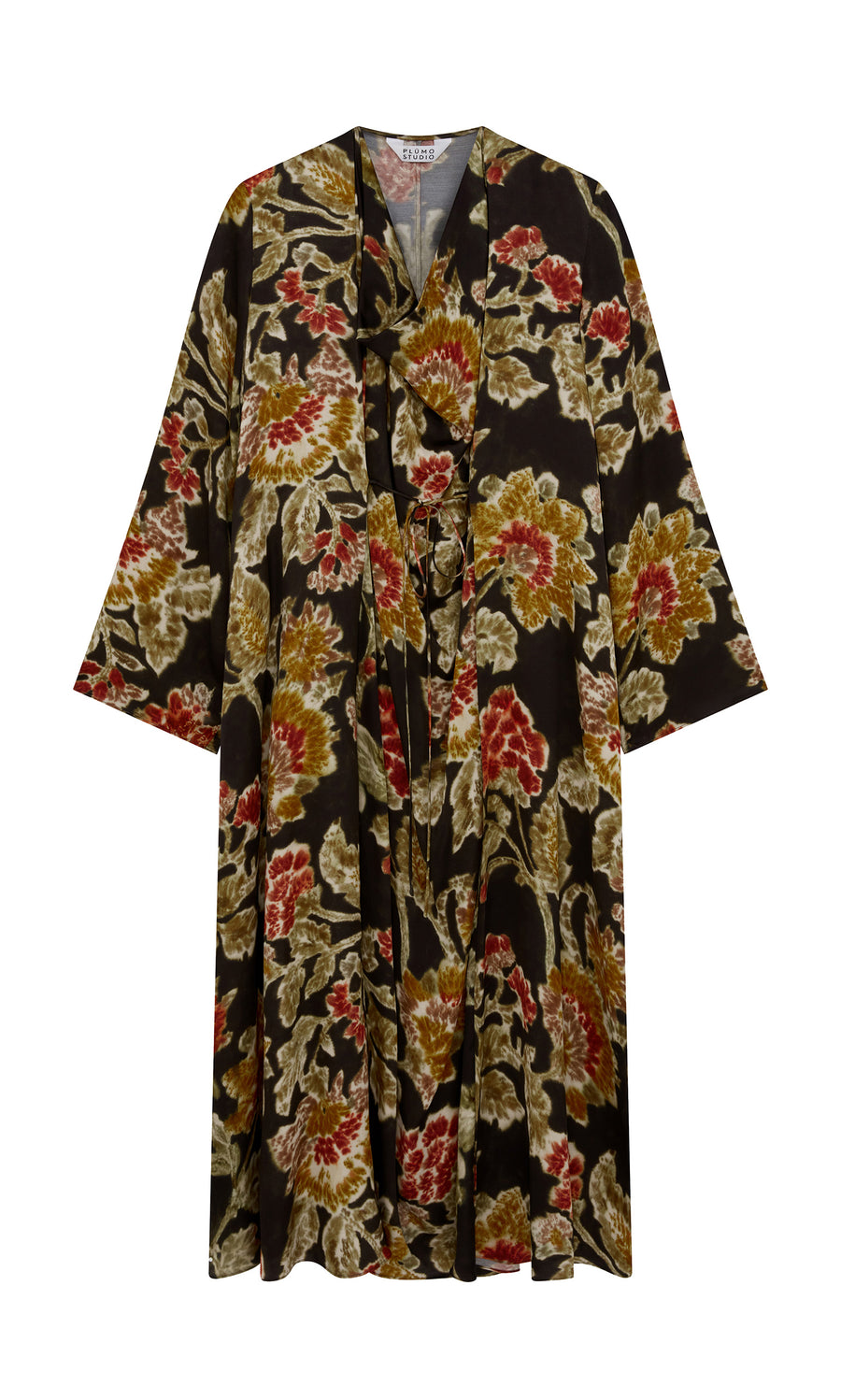 Plümo  The Brunn Dress by Plümo Studio is a flowing kimono robe with wide sleeves and a red, gold, and green floral print.