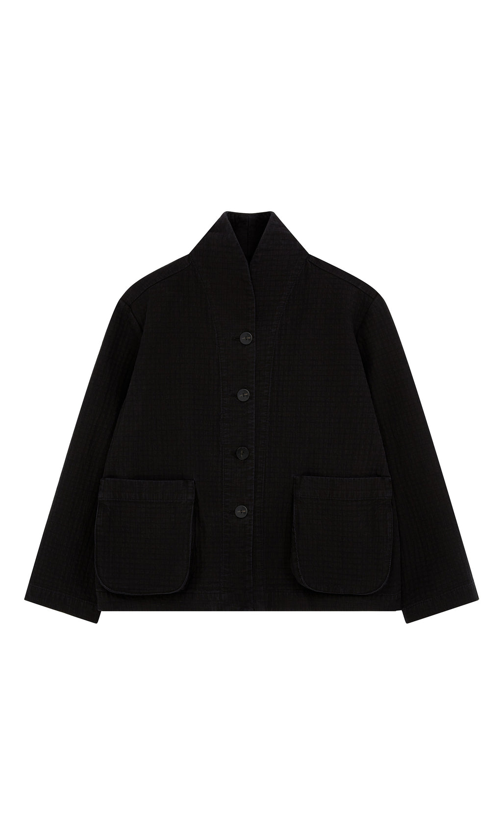 Plümo  Envoy Jacket - Coal: Black, high-collar button-up with two front pockets. Designed in London for utilitarian style.