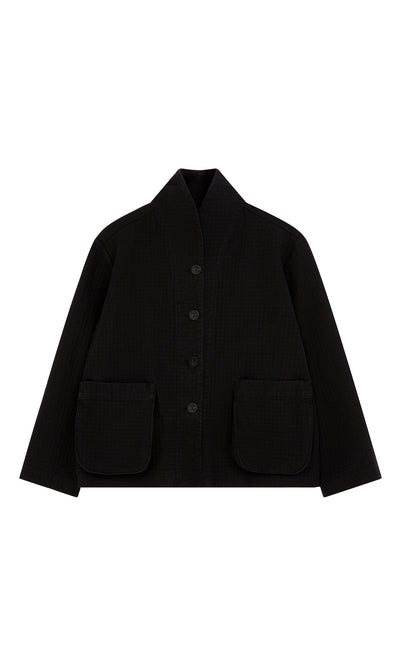 Plümo  Envoy Jacket - Coal: Black, high-collar button-up with two front pockets. Designed in London for utilitarian style.