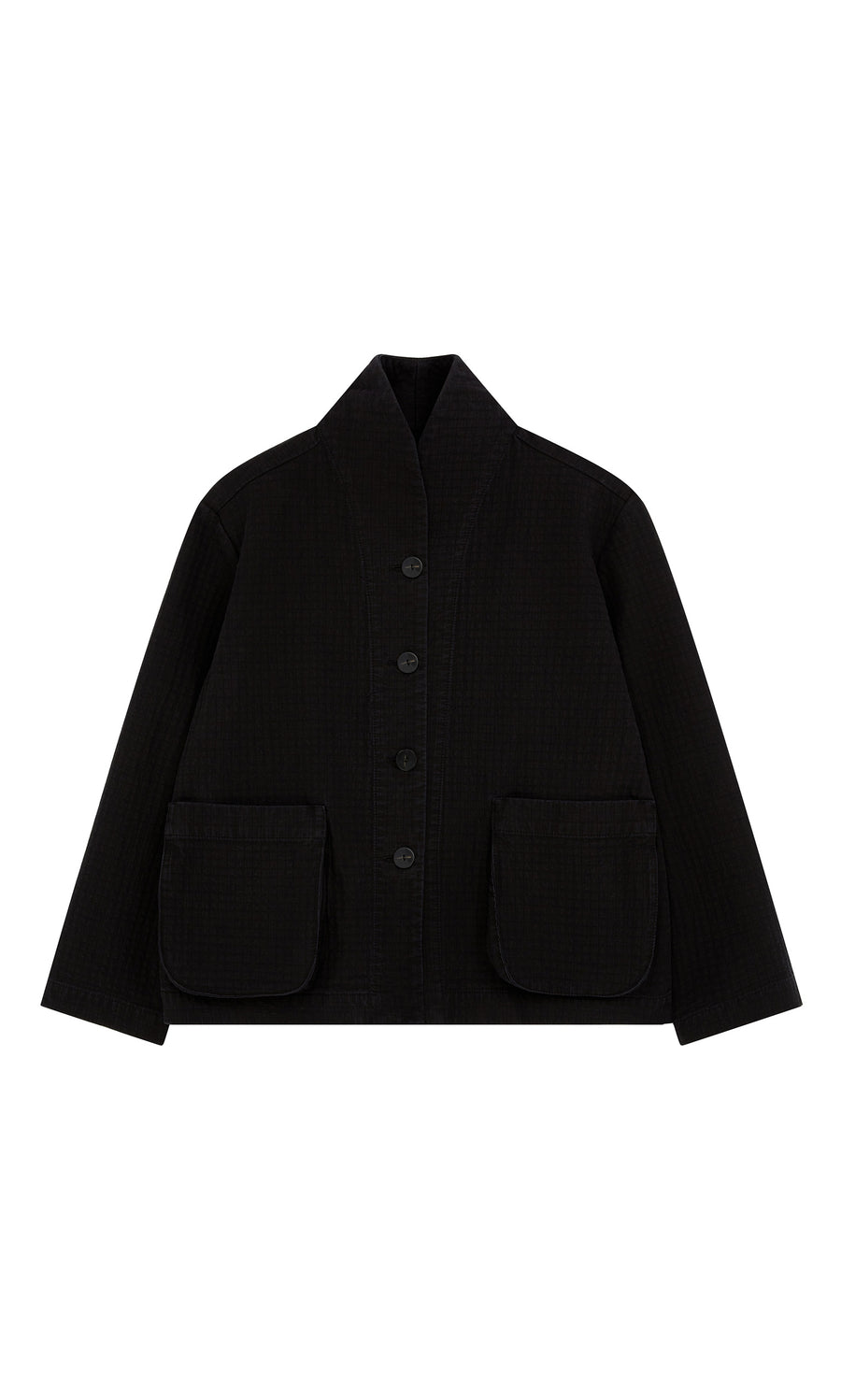 Plümo  Envoy Jacket - Coal: Black, high-collar button-up with two front pockets. Designed in London for utilitarian style.