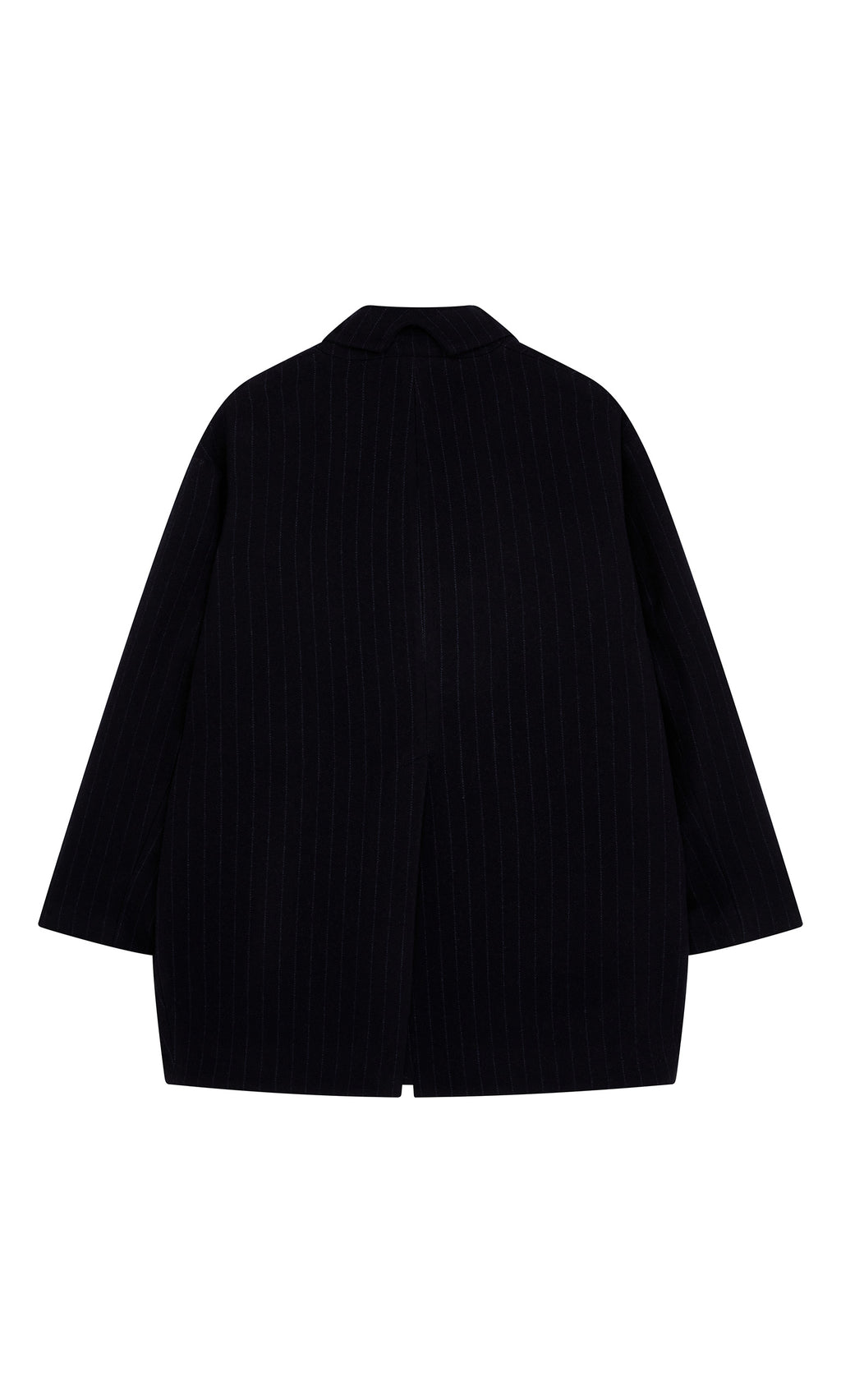 Plümo  Cleo Blazer: black, long-sleeved vintage tailcoat with subtle pinstripes, shown from the back on white background.