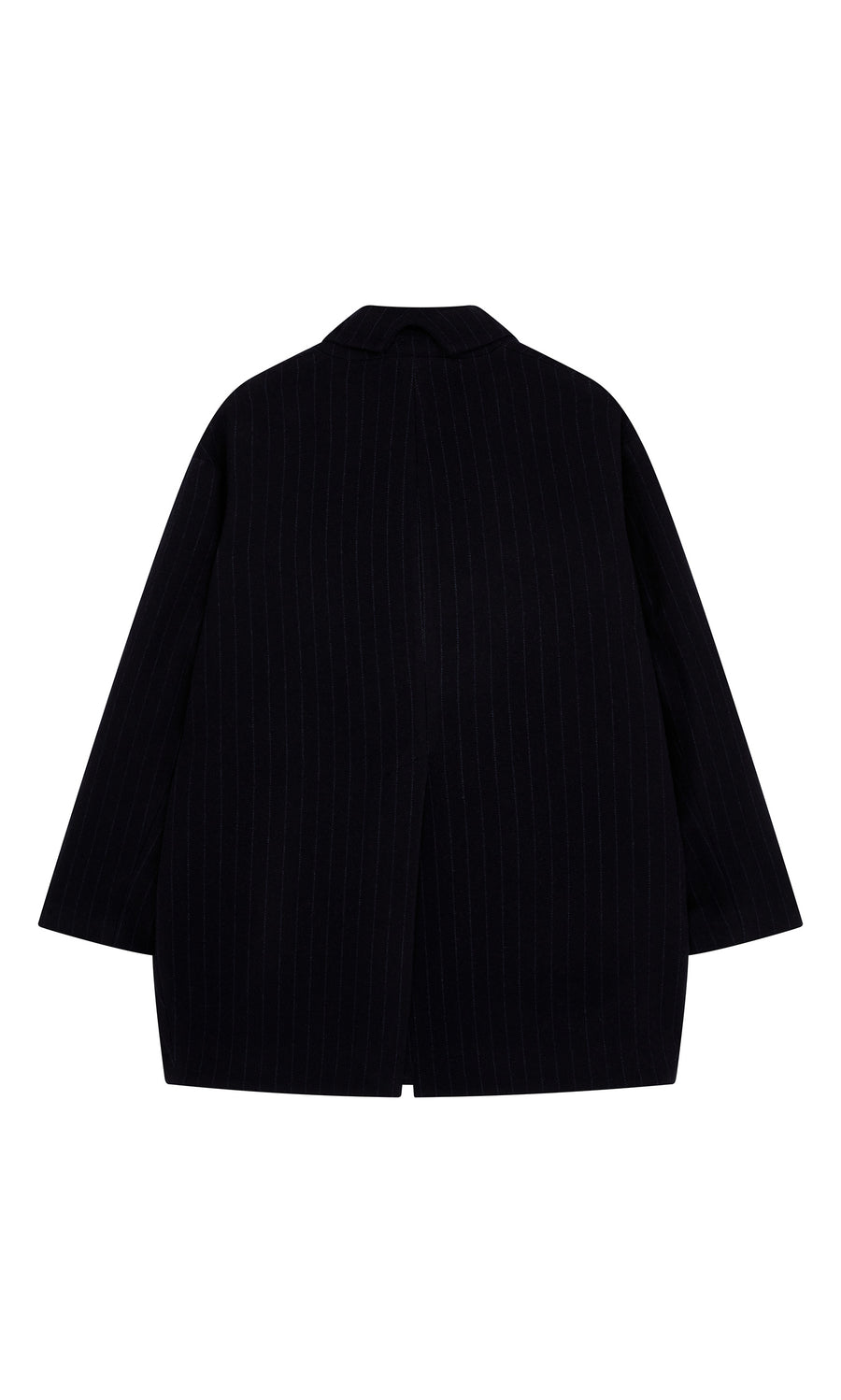 Plümo  Cleo Blazer: black, long-sleeved vintage tailcoat with subtle pinstripes, shown from the back on white background.