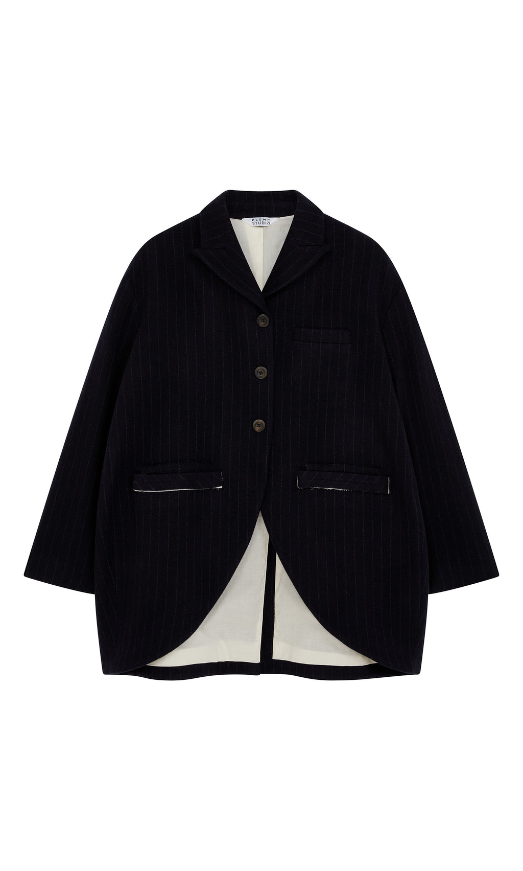 Plümo  Cleo Blazer: black vintage tailcoat with three buttons, white lining, and front pockets on a white background.