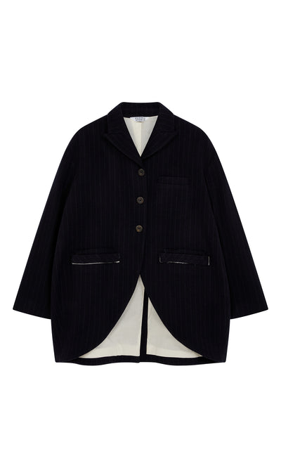 Plümo  Cleo Blazer: black vintage tailcoat with three buttons, white lining, and front pockets on a white background.