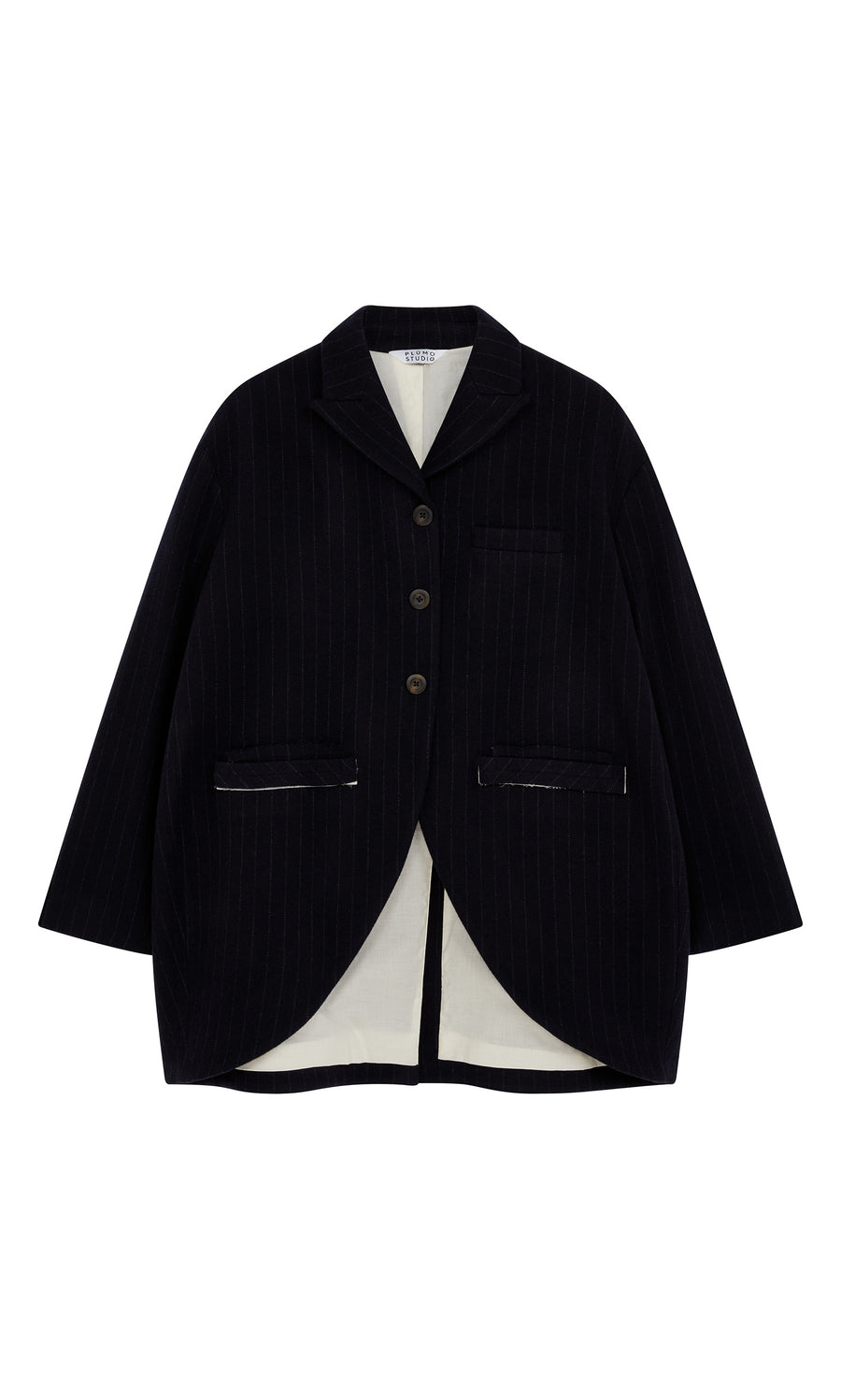 Plümo  Cleo Blazer: black vintage tailcoat with three buttons, white lining, and front pockets on a white background.