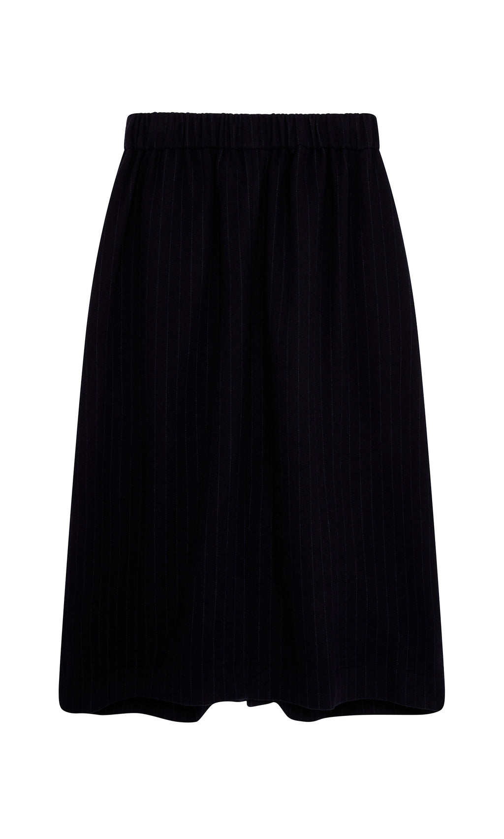 Plümo  Bo Skirt: Black wool pinstripe, elastic waist, simple A-line silhouette, midi length; shown on white background.