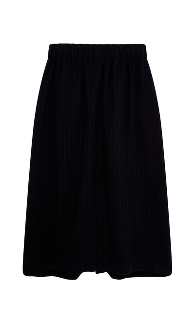 Plümo  Bo Skirt: Black wool pinstripe, elastic waist, simple A-line silhouette, midi length; shown on white background.