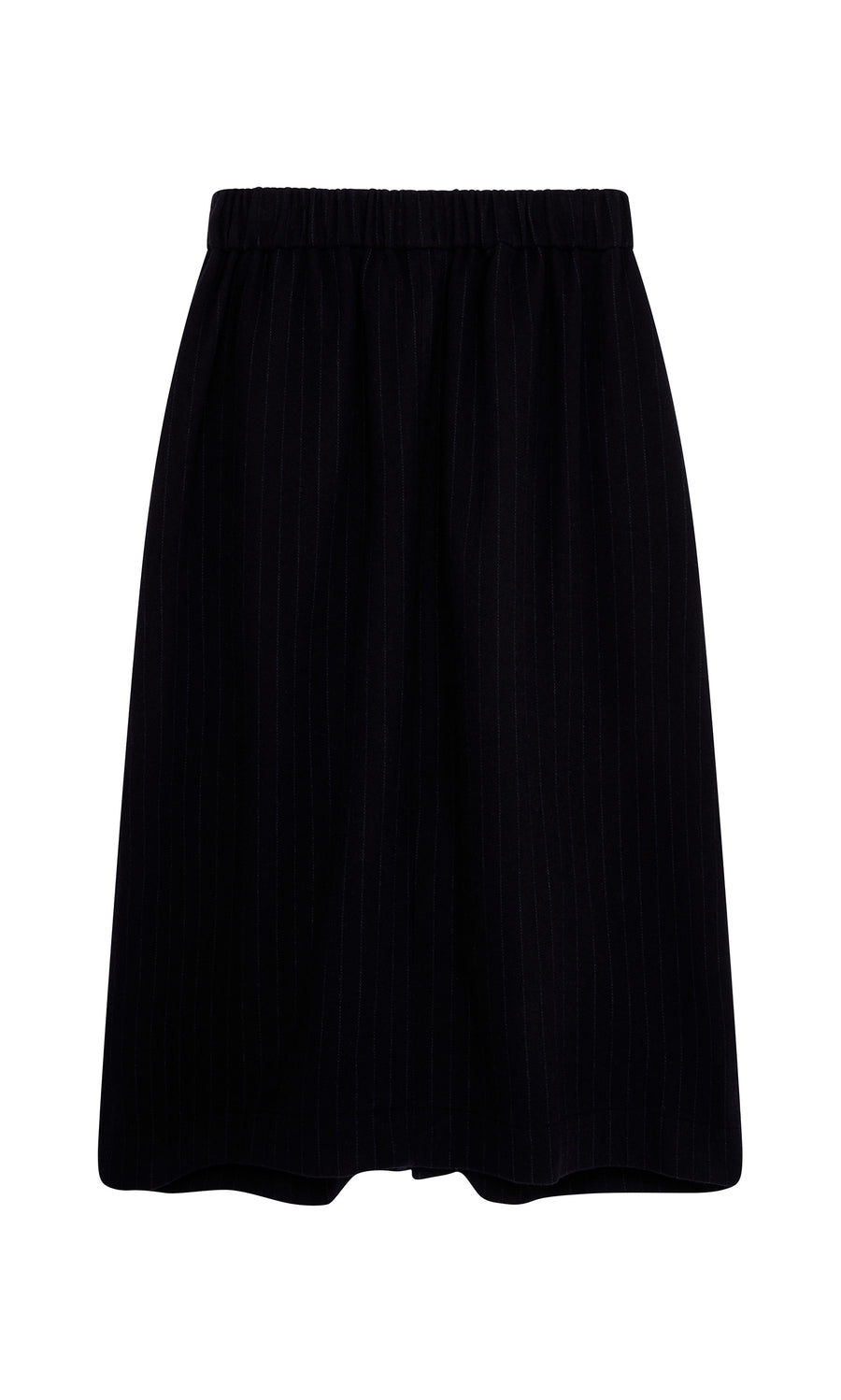 Plümo  Bo Skirt: Black wool pinstripe, elastic waist, simple A-line silhouette, midi length; shown on white background.