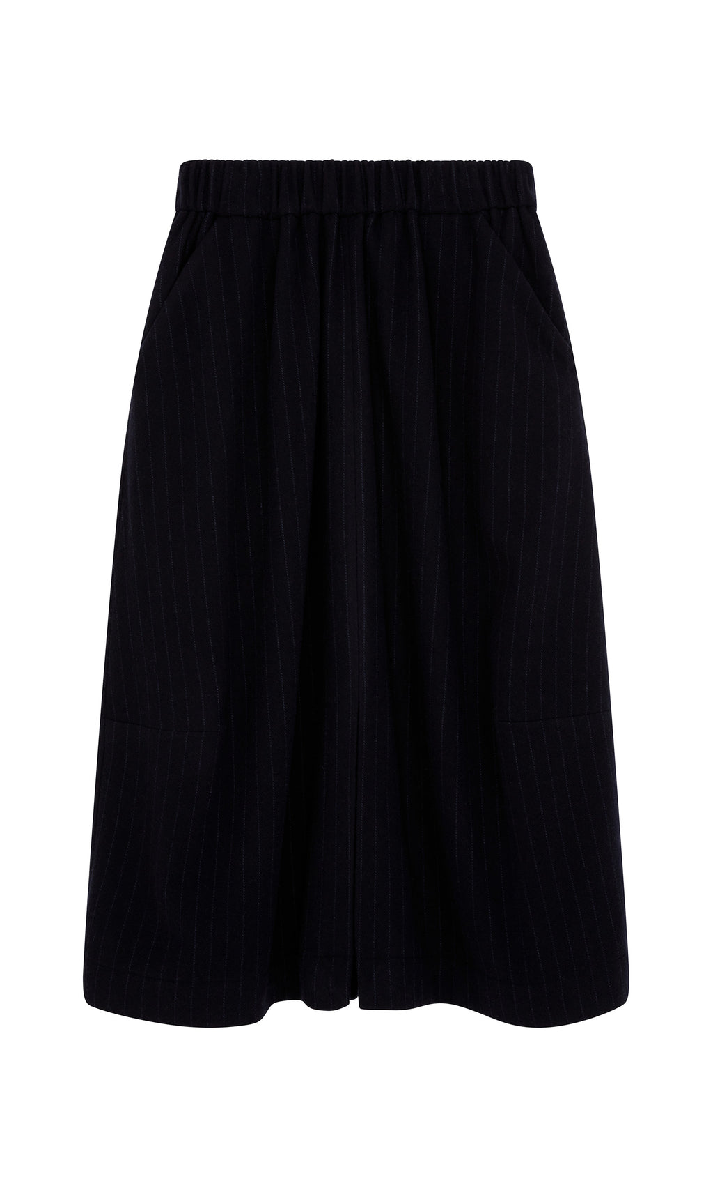 Plümo  Bo Skirt: black wool pinstripe, knee-length, elastic waistband, shown on a white background.