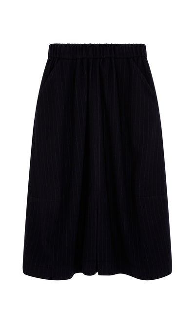 Plümo  Bo Skirt: black wool pinstripe, knee-length, elastic waistband, shown on a white background.