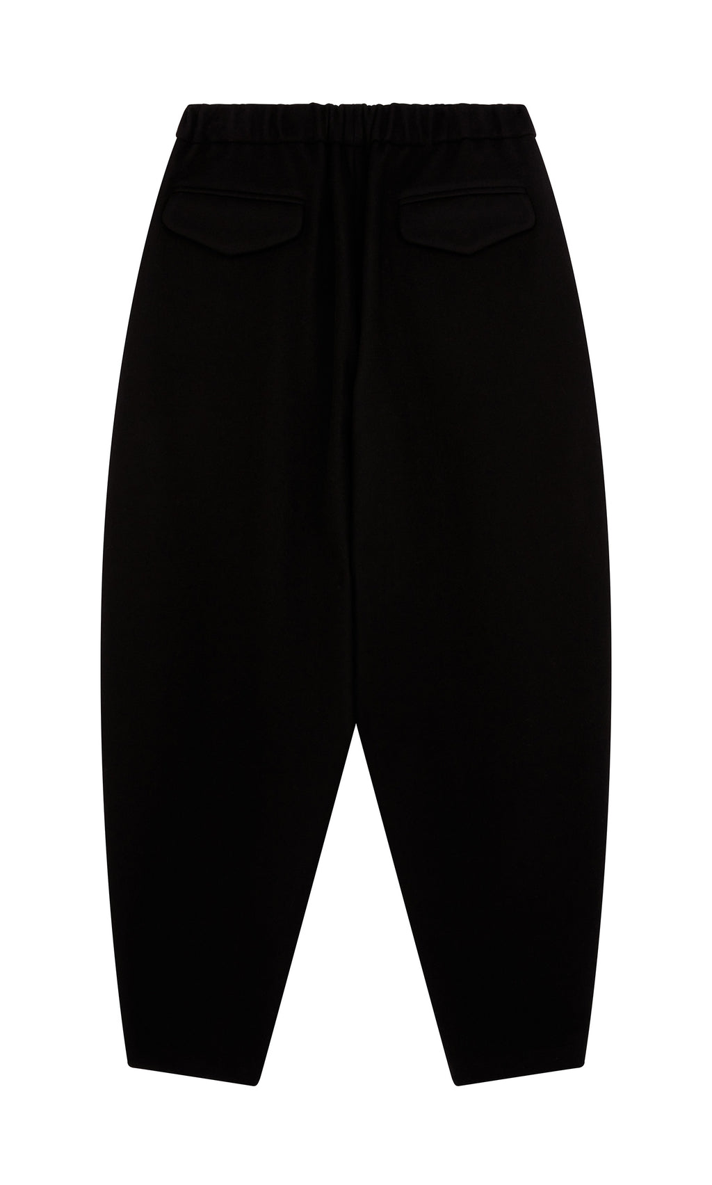 Plümo  Circle Pants - Boiled Black: Wool pants with elastic waist, back flap pockets, shown on a white background.