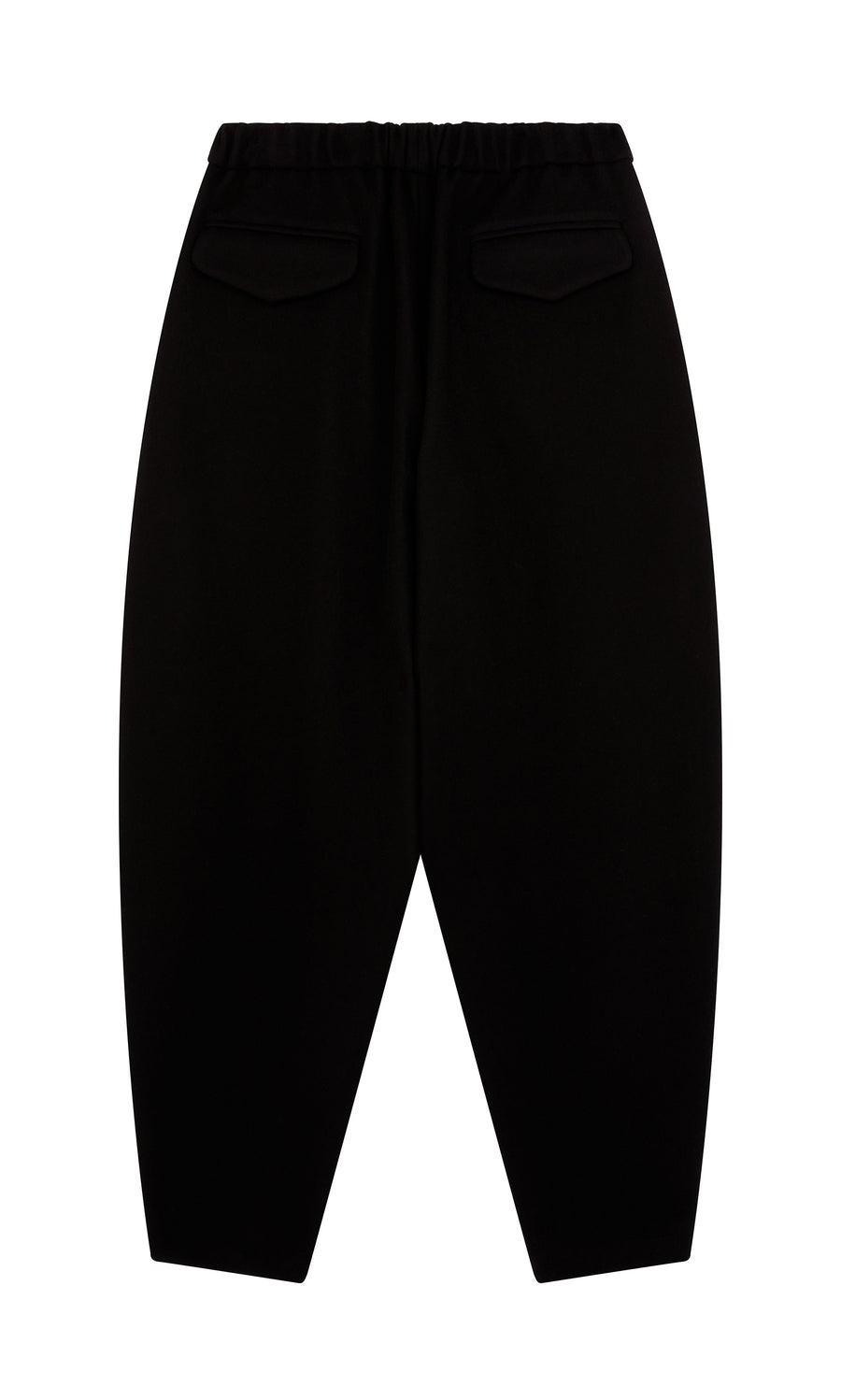 Plümo  Circle Pants - Boiled Black: Wool pants with elastic waist, back flap pockets, shown on a white background.