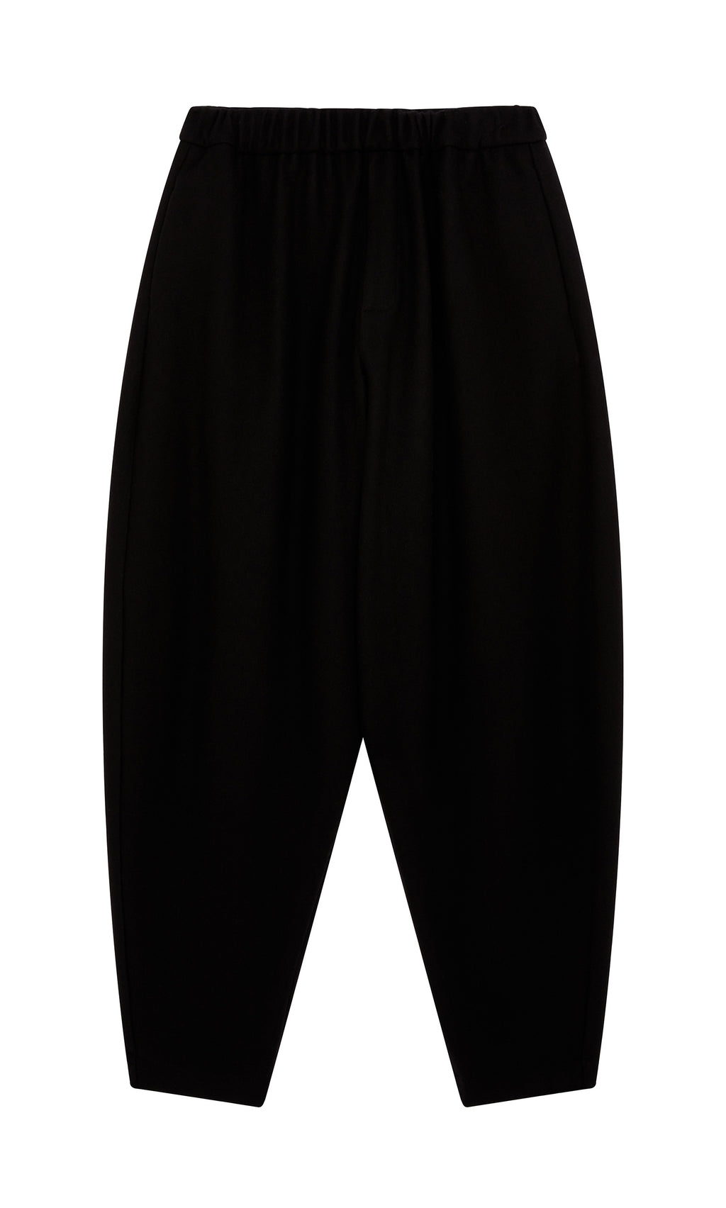 Plümo  Circle Pants - Boiled Black: wool, elastic waist, made in London. Effortlessly stylish, shown flat on white.