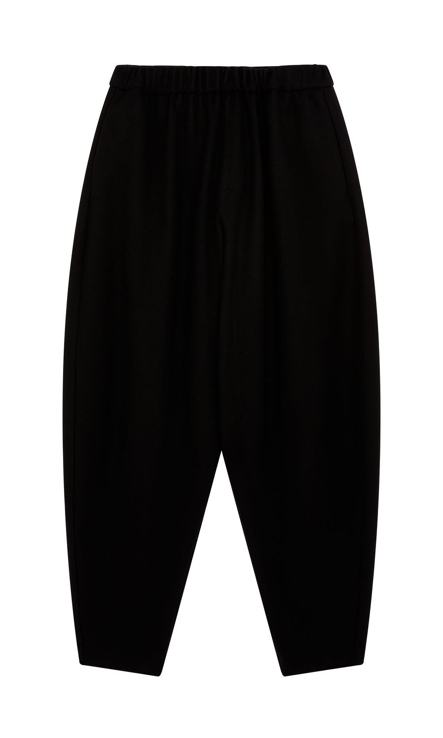 Plümo  Circle Pants - Boiled Black: wool, elastic waist, made in London. Effortlessly stylish, shown flat on white.