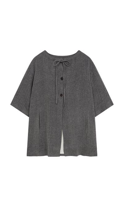 Plümo  Moy Jacket: Gray, short-sleeve wool with button front, ribbon tie neckline  two vertical pockets.