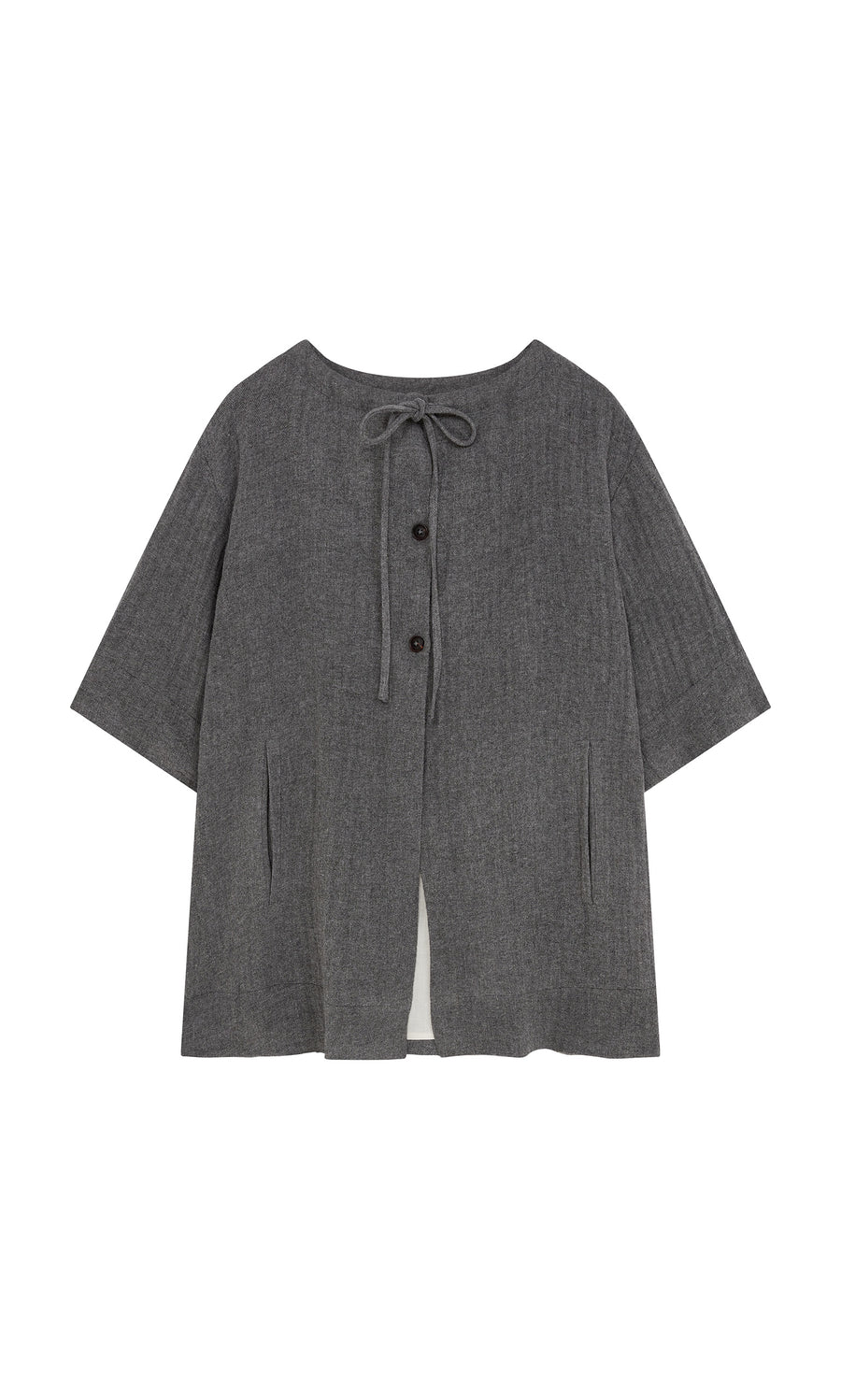 Plümo  Moy Jacket: Gray, short-sleeve wool with button front, ribbon tie neckline  two vertical pockets.