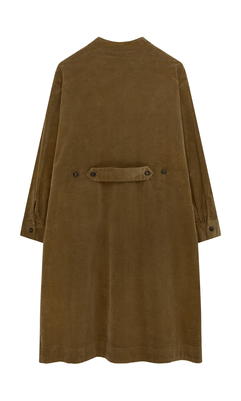 Plümo  Frances Dress in brown cotton corduroy, made in England, with long sleeves, back strap, and button details—back view.