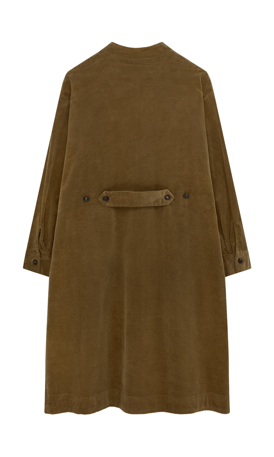 Plümo  Frances Dress in brown cotton corduroy, made in England, with long sleeves, back strap, and button details—back view.