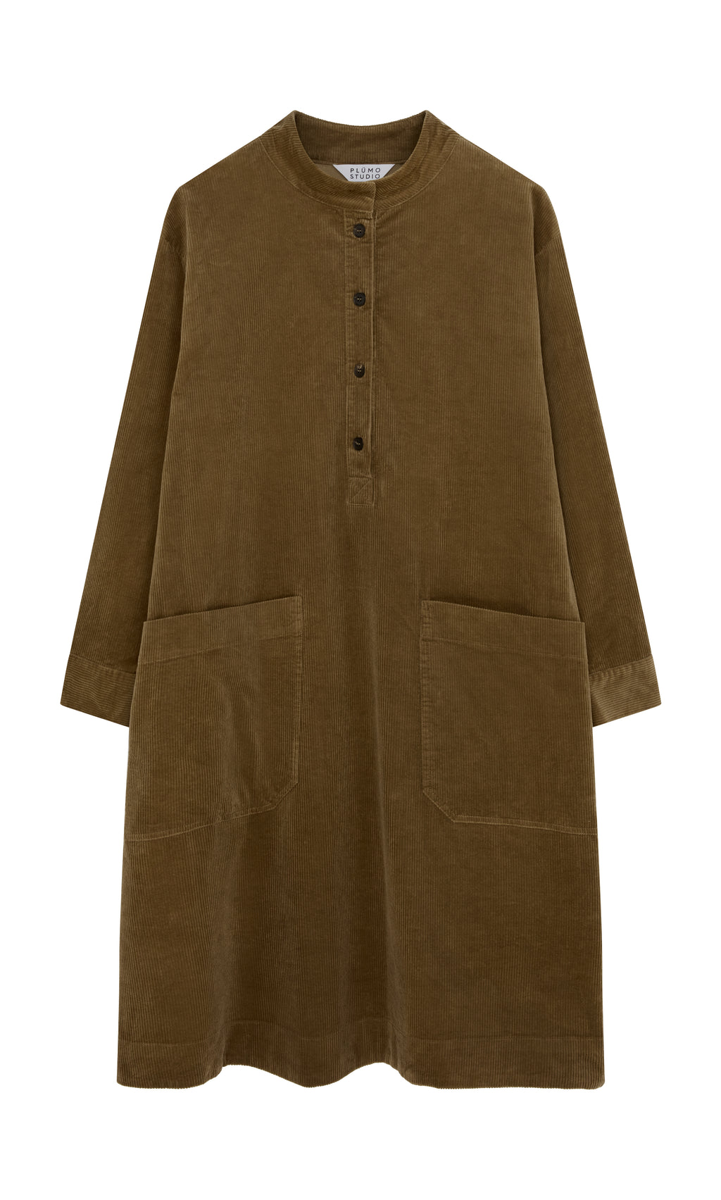 Plümo  Frances Dress: brown cotton corduroy, midi length, long sleeves, front pockets, buttoned collar.