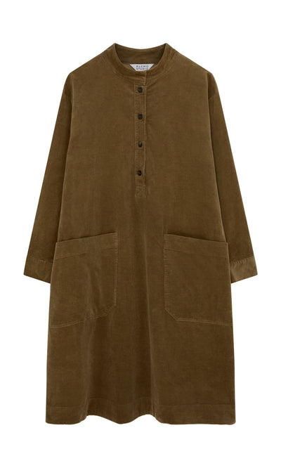 Plümo  Frances Dress: brown cotton corduroy, midi length, long sleeves, front pockets, buttoned collar.