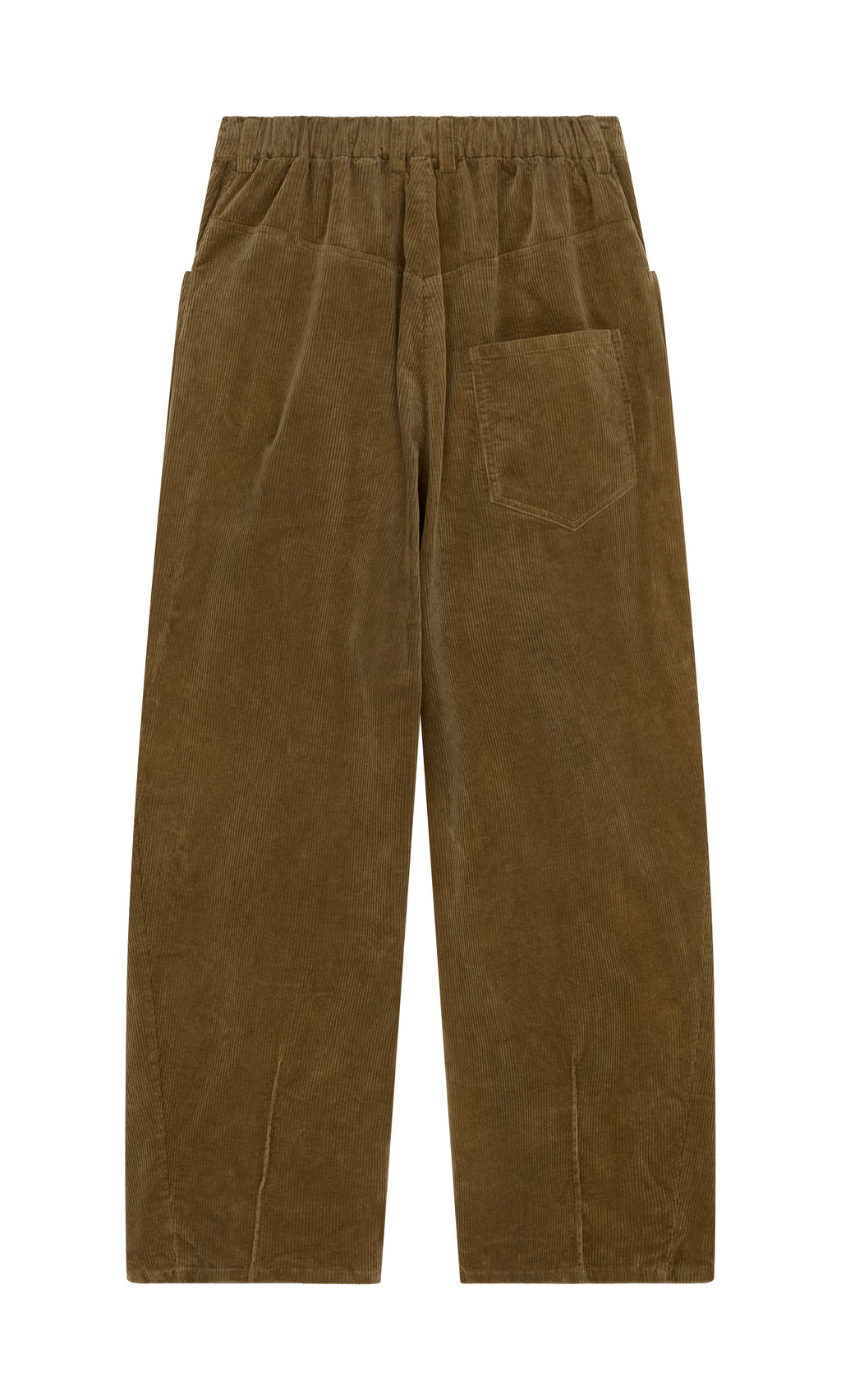 Plümo  Breda Pants: brown corduroy barrel leg, high waist, elastic waistband, one back pocket; shown on white background.