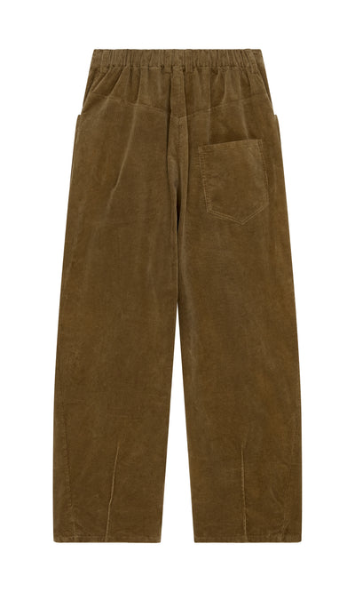 Plümo  Breda Pants: brown corduroy barrel leg, high waist, elastic waistband, one back pocket; shown on white background.
