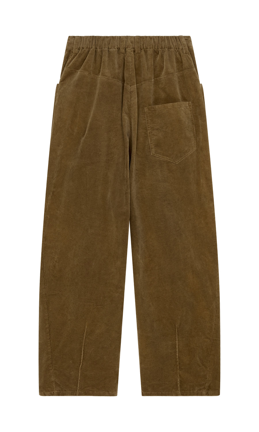 Plümo  Breda Pants: brown corduroy barrel leg, high waist, elastic waistband, one back pocket; shown on white background.