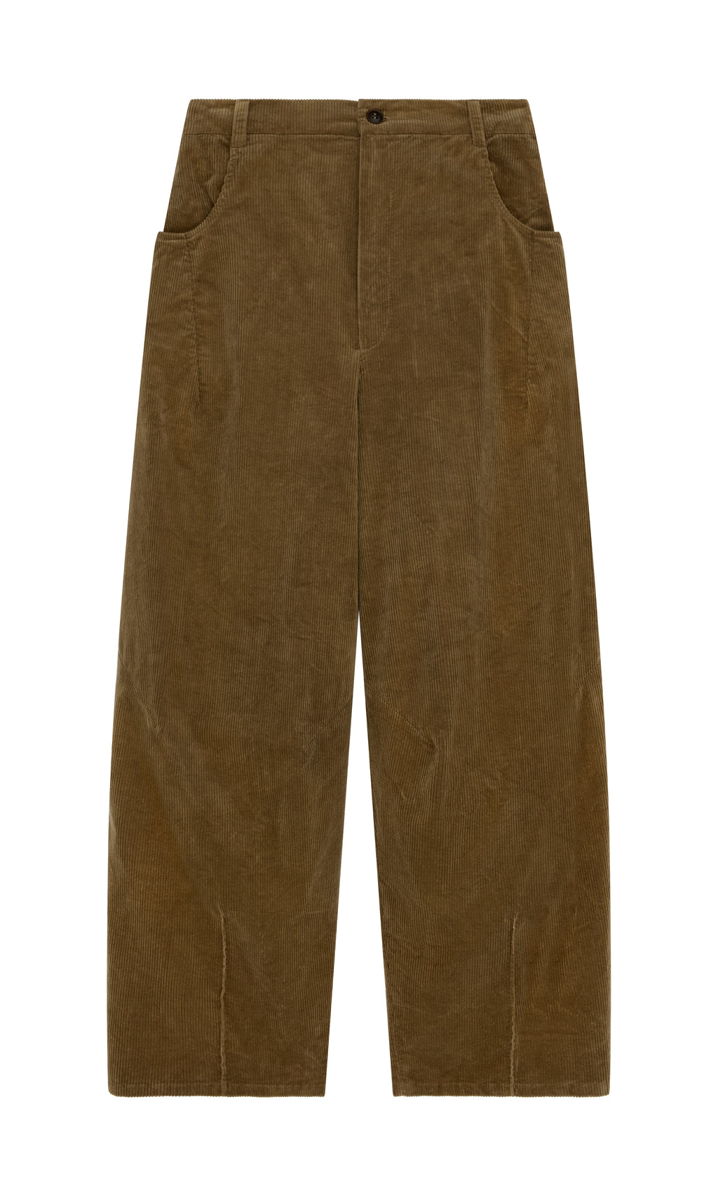 Plümo  Breda Pants: wide-leg brown corduroy barrel pants with front pockets, displayed flat on a white background.